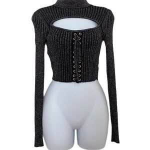 Hera Collection Silver/Gold Corset Rib High Neck Long Sleeve Cropped Pullover